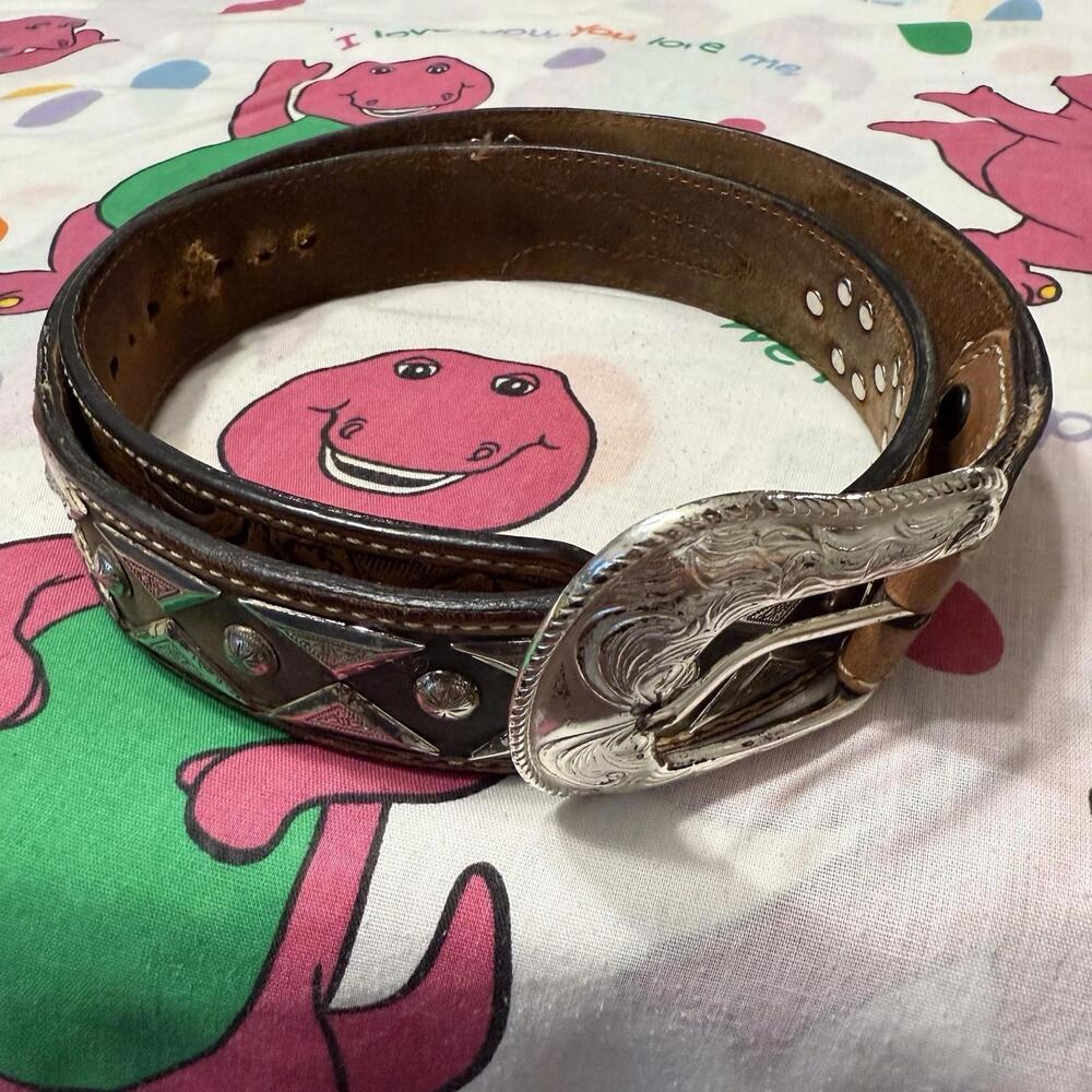 Vintage Roper Hand Tooled Top Grain Leather Belt W/ Diamond Design Size 34/38‎